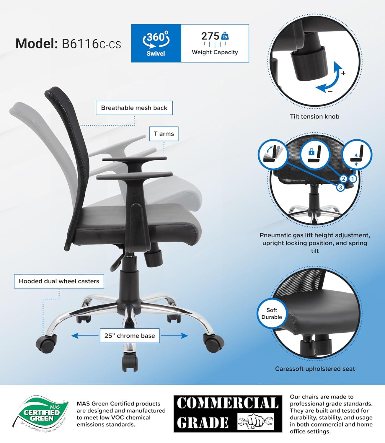 Fixed Arm Budget Mesh Task Chair Black - Boss Office Products: Chrome Base, Pneumatic Lift, Locking Tilt Control