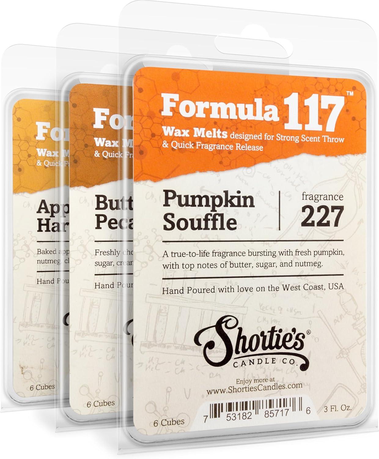 Shortie's Candle Company Fall Wax Melts Variety Pack - Pumpkin Souffle, Butter Pecan Pie, Apple Harvest - Formula 117-3 Highly Scented 3 Oz. Bars - Made with Natural Oils - Fall Warmer Wax Cubes