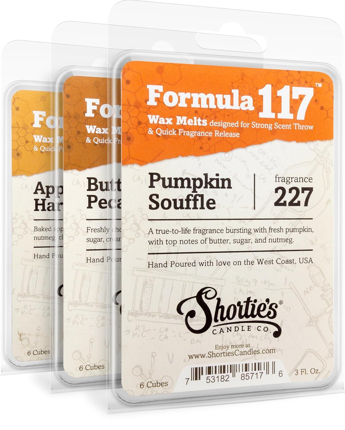Shortie's Candle Company Fall Wax Melts Variety Pack - Pumpkin Souffle, Butter Pecan Pie, Apple Harvest - Formula 117-3 Highly Scented 3 Oz. Bars - Made with Natural Oils - Fall Warmer Wax Cubes
