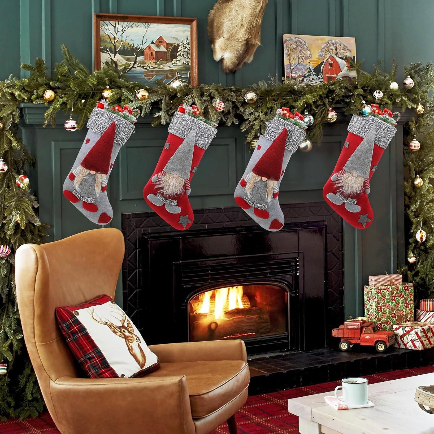 MoNiBloom 4 pack 3D Christmas Stockings with Whimsical 3D Santa Characters, Classic Red and Grey Fireplace Hanging for Family Holiday Xmas Party Decorations