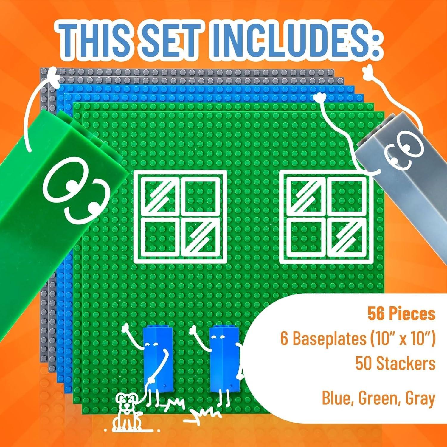 Strictly Briks Toy Building Block - Classic Baseplates 10" x 10" Brik Tower, 6 Baseplates & 50 Stackers in Blue Green & Gray, 56 Pc