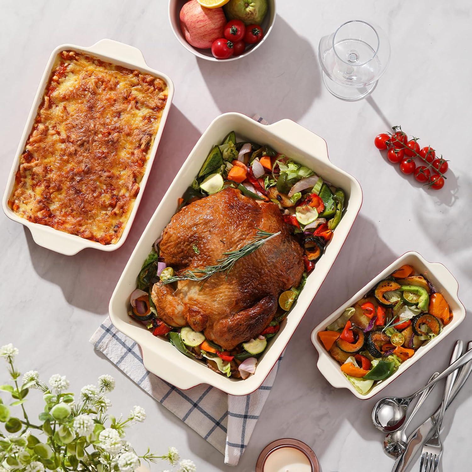 SWEEJAR Rectangular Ceramic Bakeware Set, Non-Stick Roasting Pan with Handles Baking Dishes,Casserole Pans for Cake Dinner, Set of 3 - Red