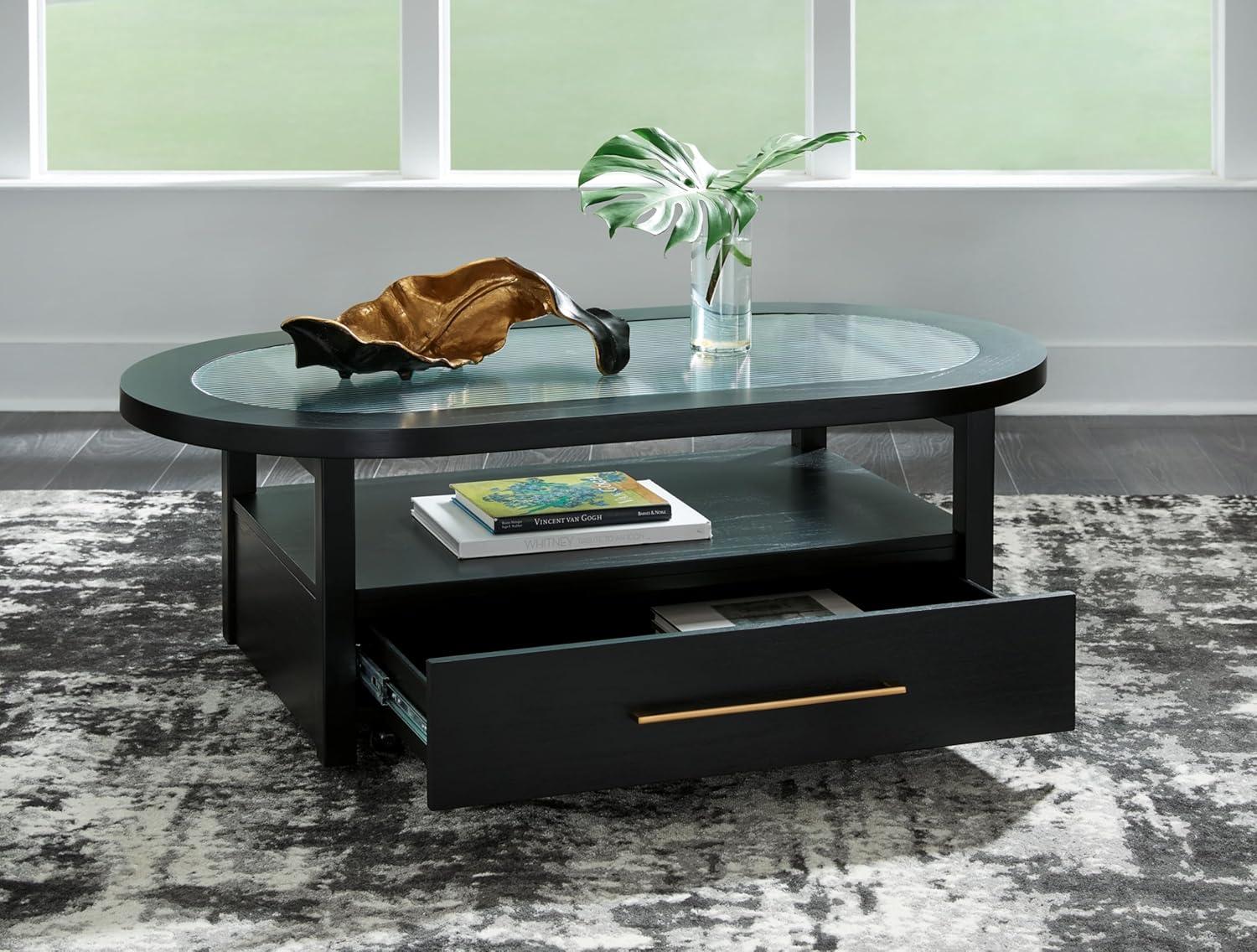 Black Oval Wood and Glass Lift-Top Coffee Table with Storage