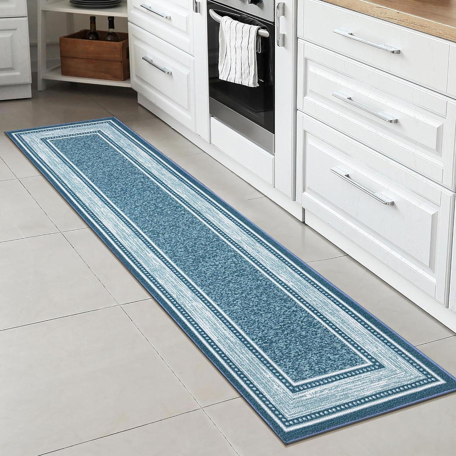 Ottomanson Machine Washable Non-Slip Rubberback Bordered 3x10 Indoor Runner Rug, 2'7" x 9'10", Blue