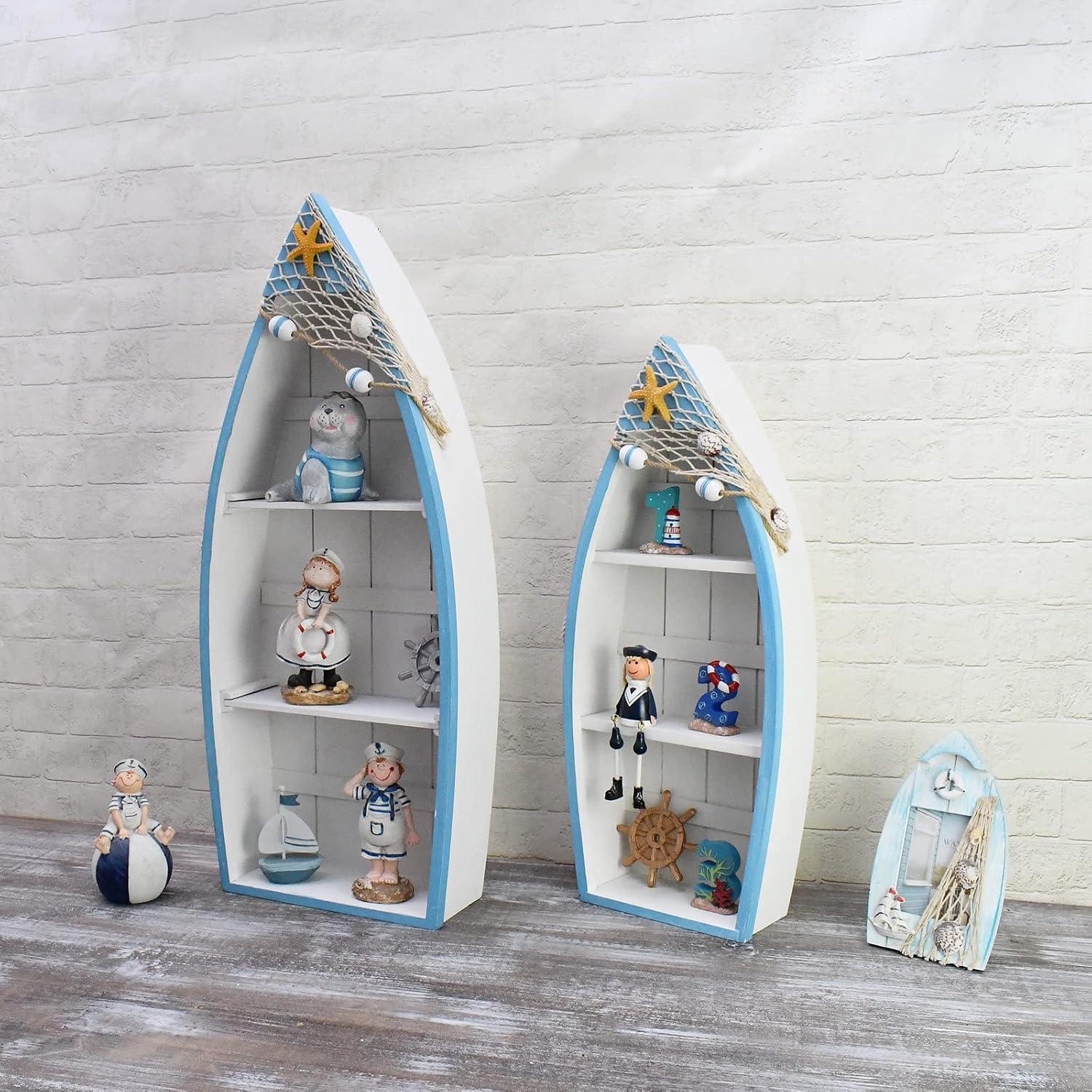 Nautical White and Blue Wooden Boat Shelf Set with Rope Accents