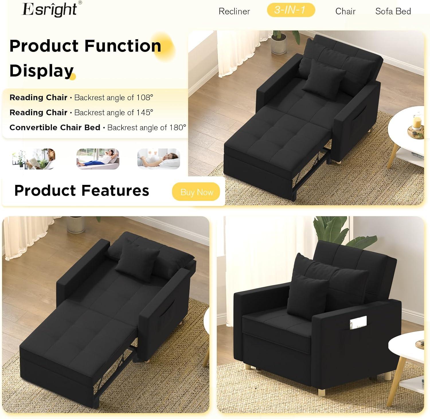 AECOJOY Adjustable Sleeper Chair Bed 3-in-1 Convertible Futon Sofa Black