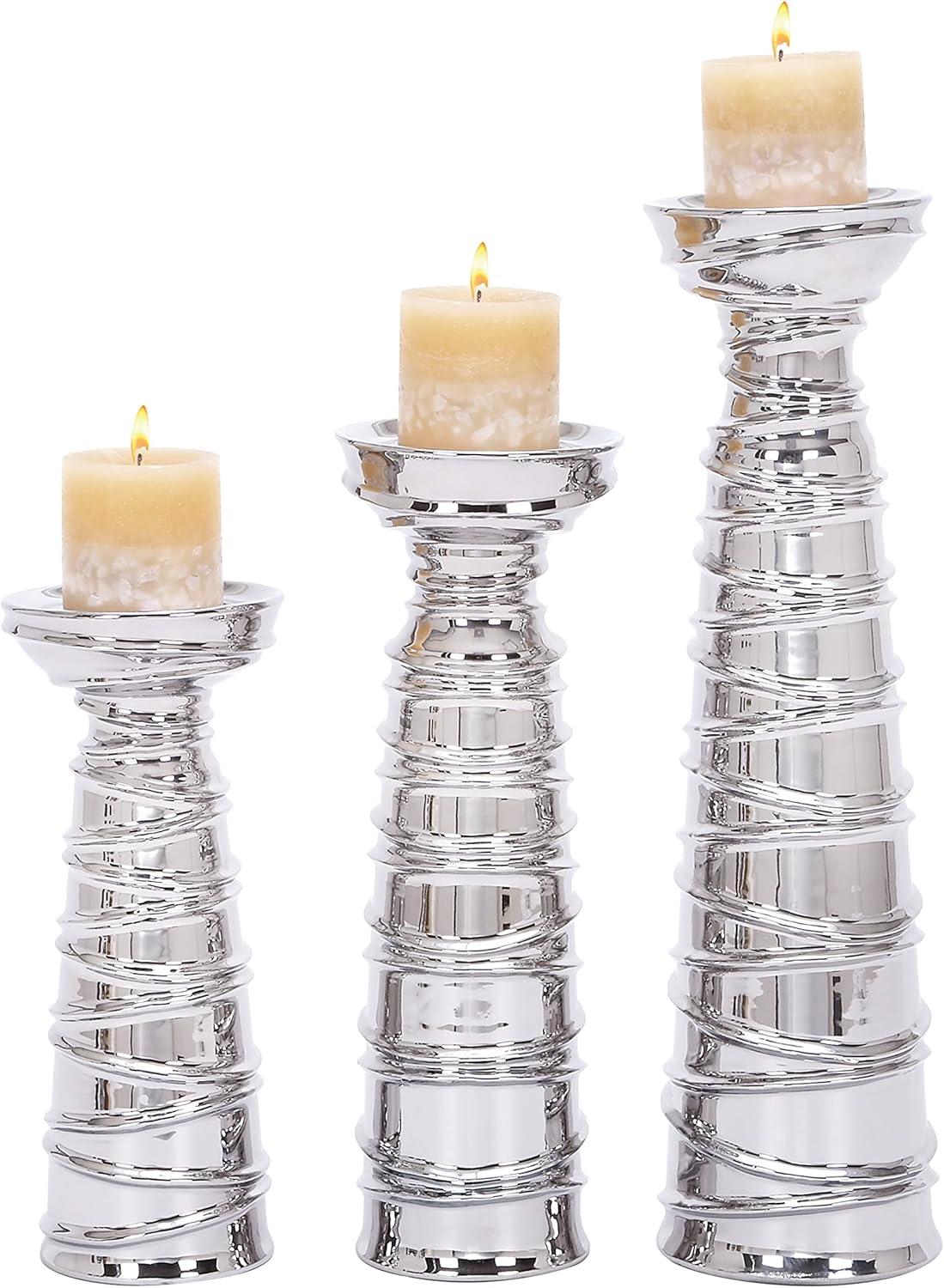 Mercer41 Ceramic Abstract Wrapped Decorative Silver Candle Holder Set
