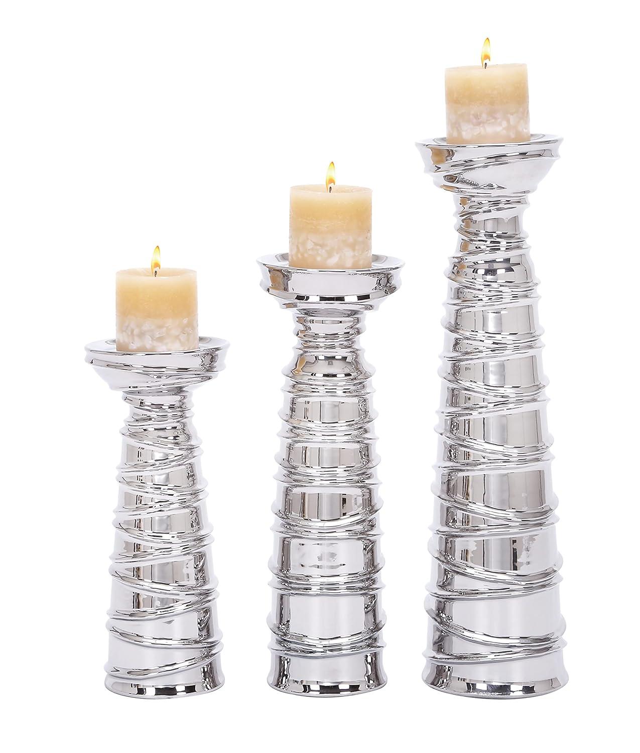 Mercer41 Ceramic Abstract Wrapped Decorative Silver Candle Holder Set