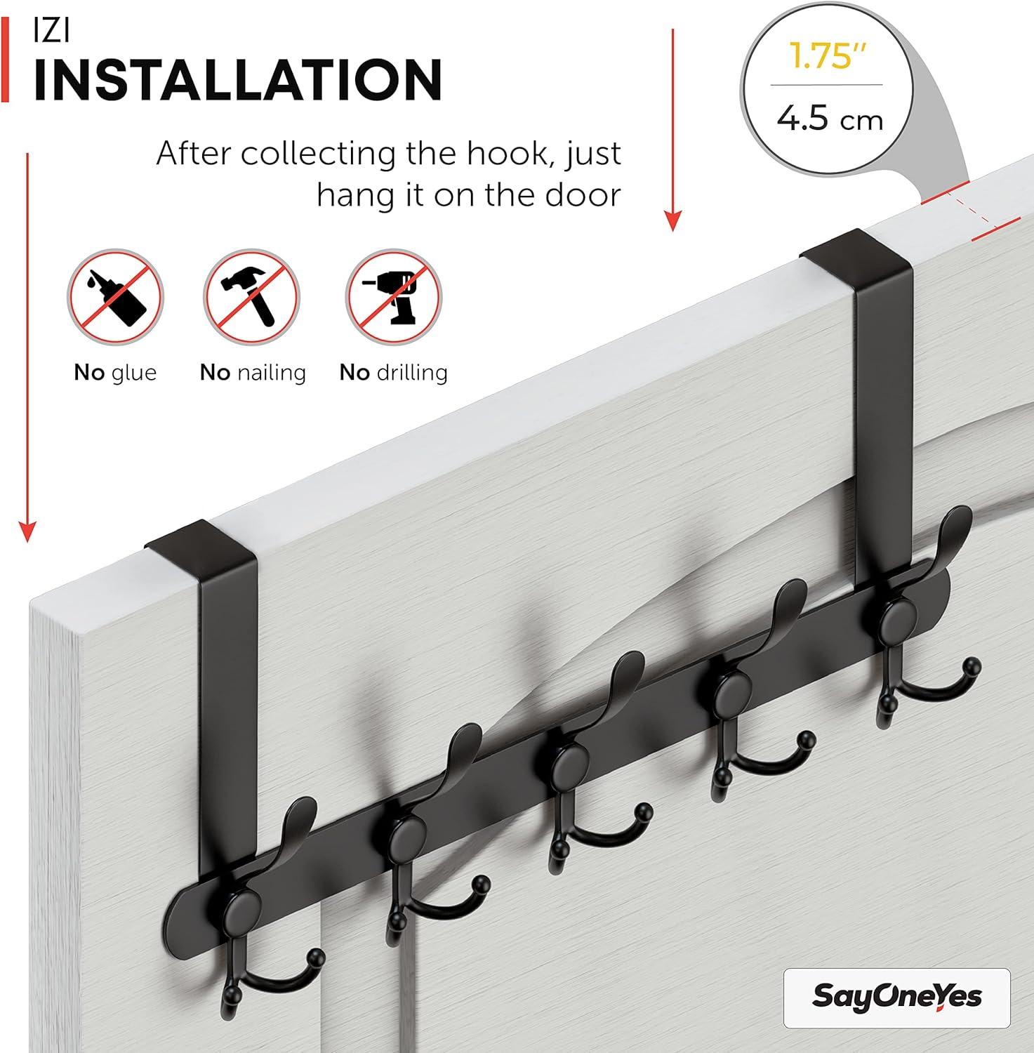 Matte Black Over The Door Hooks - Heavy Duty Stainless Steel Door Hanger Holder with 5 Tri Hooks for Hanging Coat Robe Hat Bag Towel Rack Bathroom, Bedroom, Closet – 1 Pack