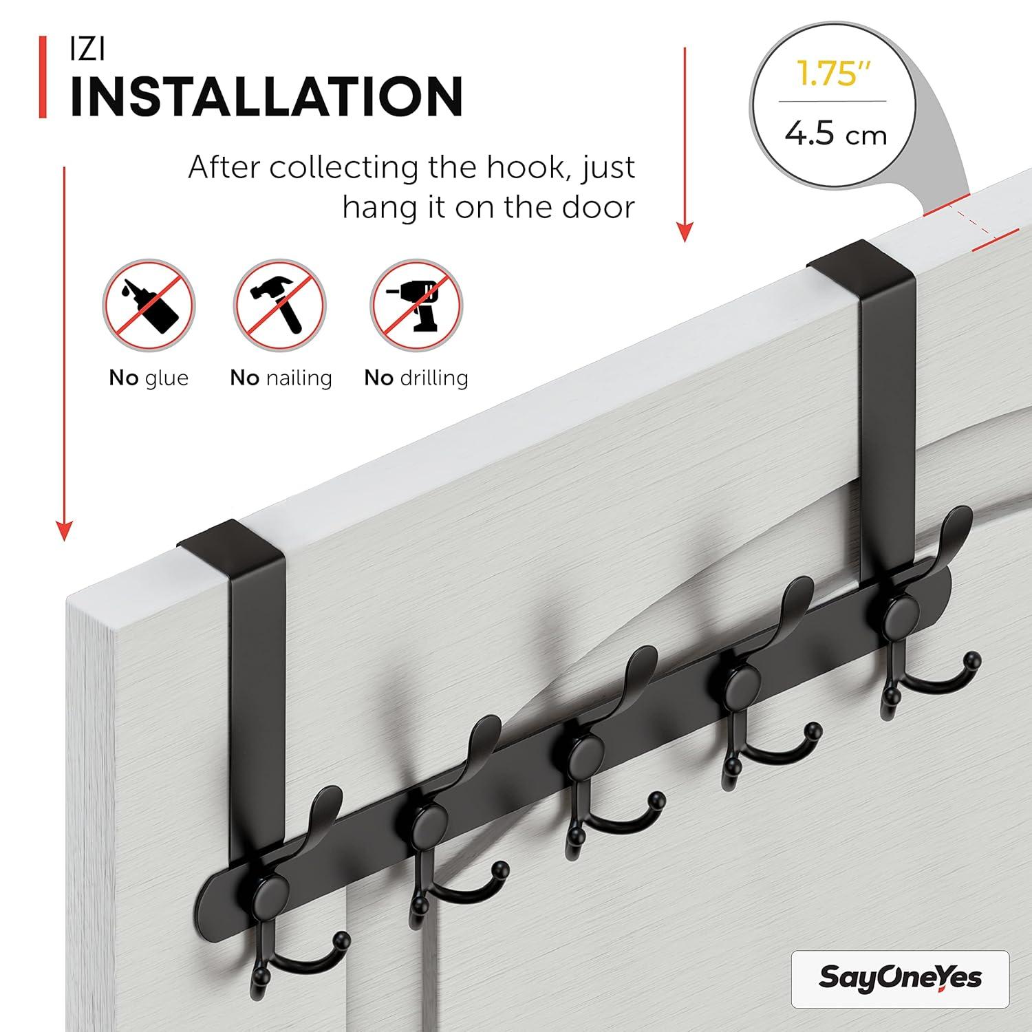 Matte Black Over The Door Hooks - Heavy Duty Stainless Steel Door Hanger Holder with 5 Tri Hooks for Hanging Coat Robe Hat Bag Towel Rack Bathroom, Bedroom, Closet – 1 Pack