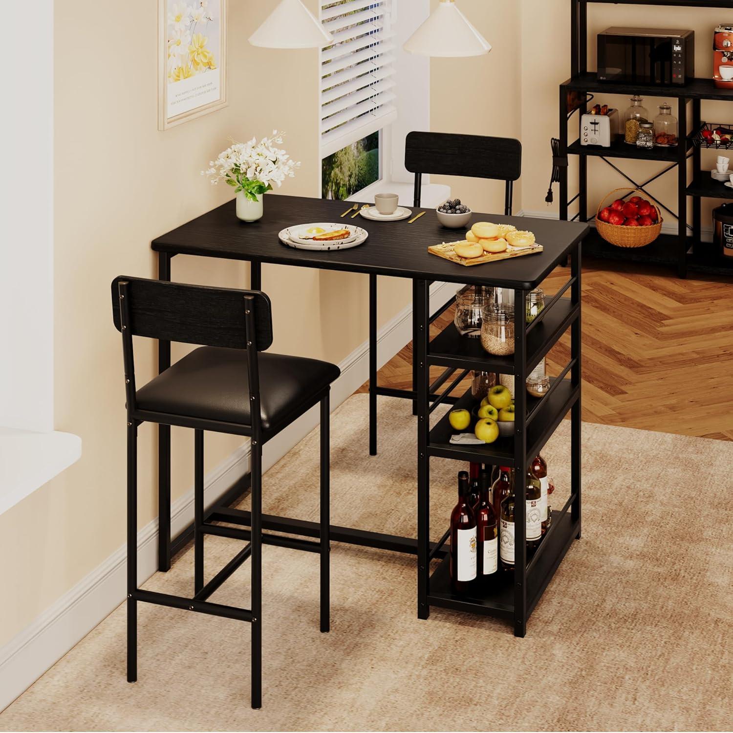 Black Rectangular Pub Table Set with 2 Chairs and Storage Shelves