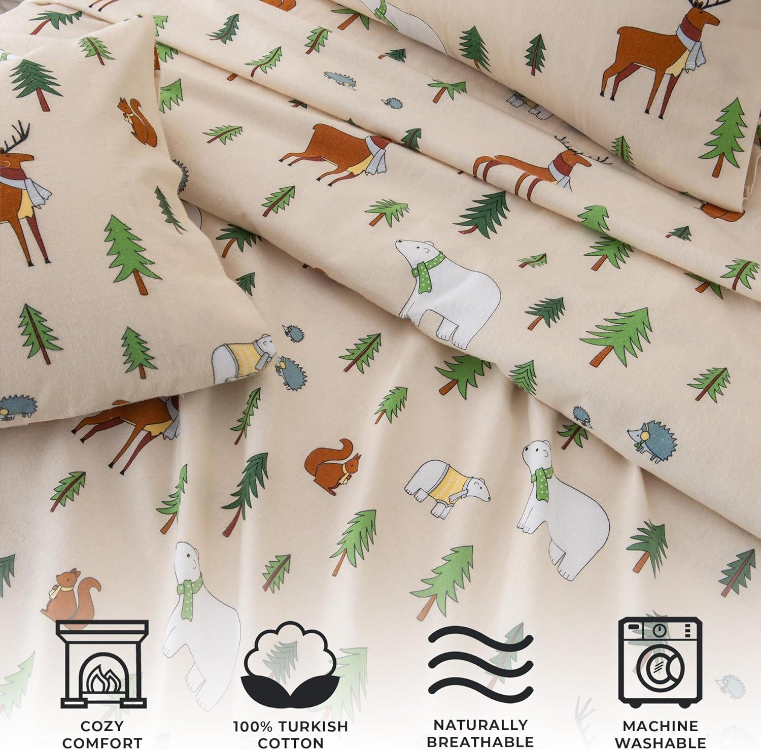 Great Bay Home Lodge Flannel Sheet Set - 100% Turkish Cotton - Double Brushed - Queen, Wildlife