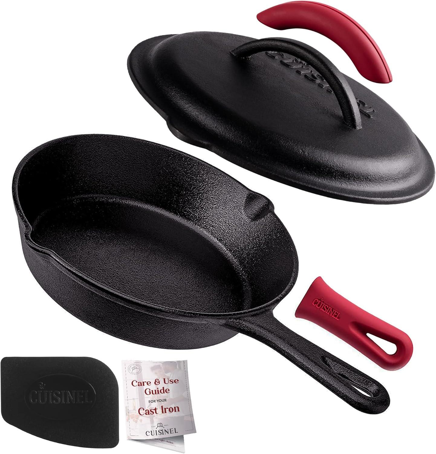 Cuisinel Cast Iron Skillet with Lid - 8"-inch Pre-Seasoned Covered Frying Pan Set + Silicone Handle and Lid Holders + Scraper/Cleaner