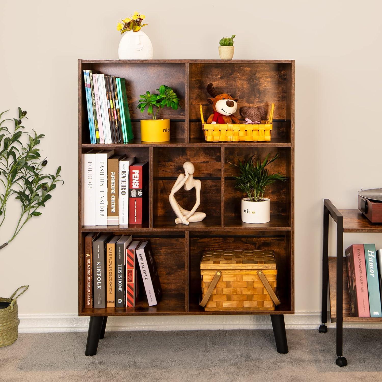 Retro Brown 3-Tier Cube Bookshelf with Glossy Finish