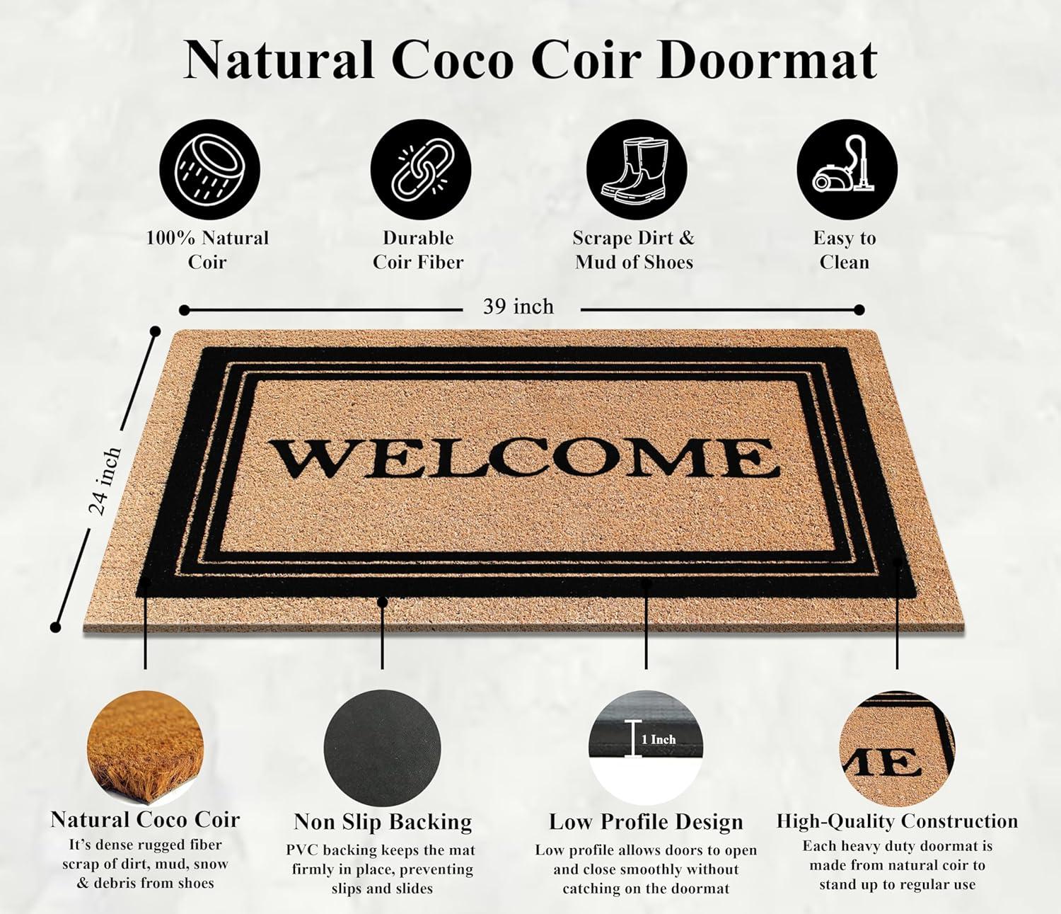 A1HC Welcome Entrance Door Mats, Durable Large Outdoor Rug, Non-Slip, Flock Doormat, Thin-Profile Heavy Duty Door Mat, Indoor Outdoor Front Door, High Traffic Areas, 24" X 39"