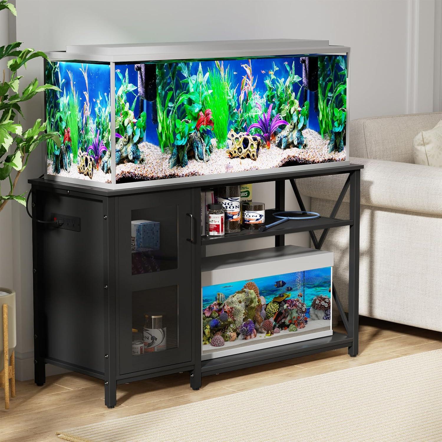 Bestier 55 Gallon Fish Tank Stand Metal Aquarium Stand with Storage Cabinet & Power Outlets LED Light, 750lbs Capacity, Black