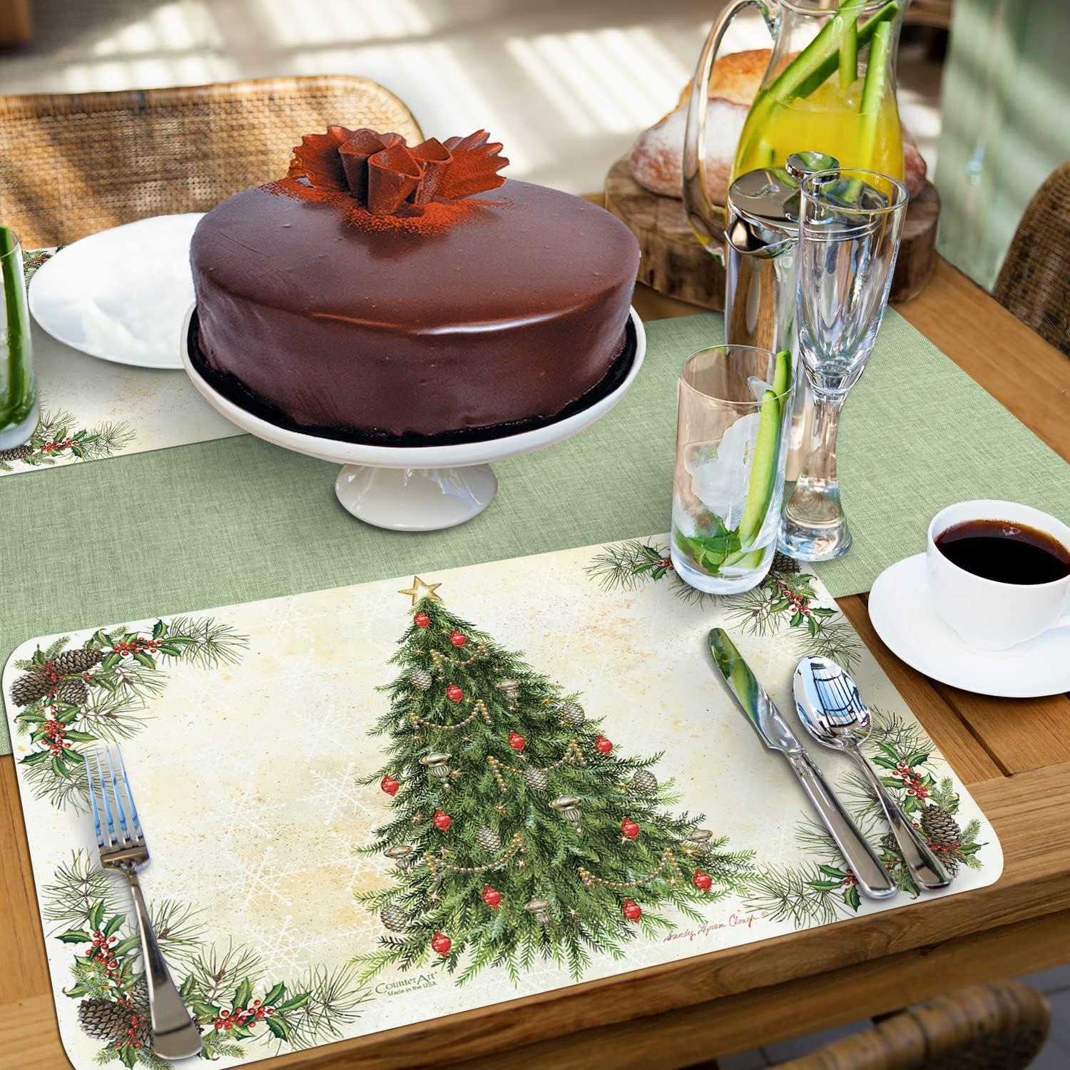 CounterArt "Vintage Christmas Tree" Reversible Easy Care Flexible Plastic Placemat, 4 Pack