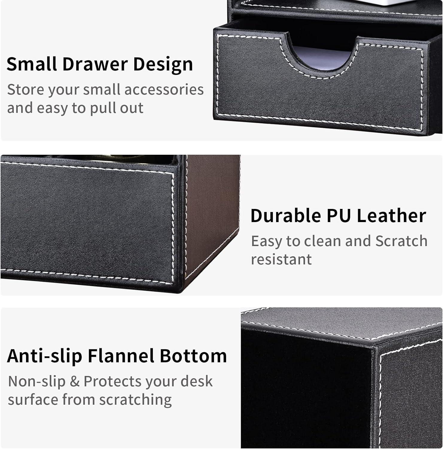 KINGFOM Pu Leather Desk Organizer Pen Pencil Holder Office Supplies Caddy Storage Box 6 Compartments with Drawer Black