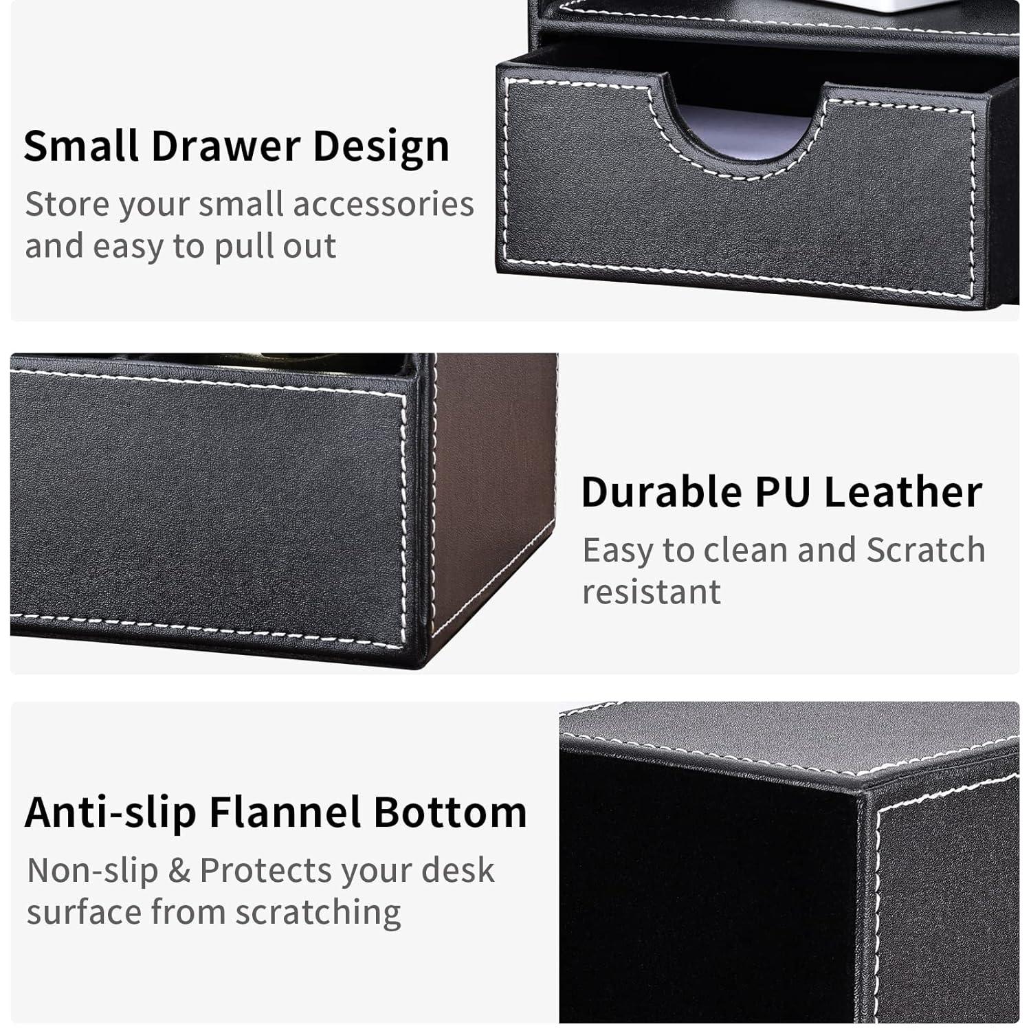 KINGFOM Pu Leather Desk Organizer Pen Pencil Holder Office Supplies Caddy Storage Box 6 Compartments with Drawer Black