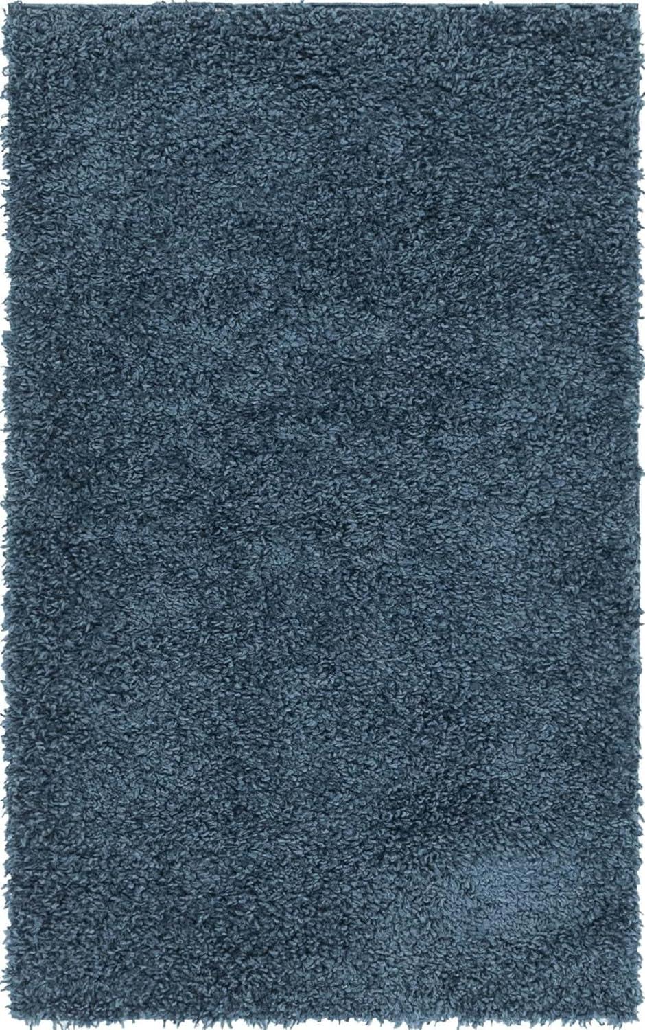 Marine Blue Handmade Shag Rug with Easy Care Synthetic Fibers