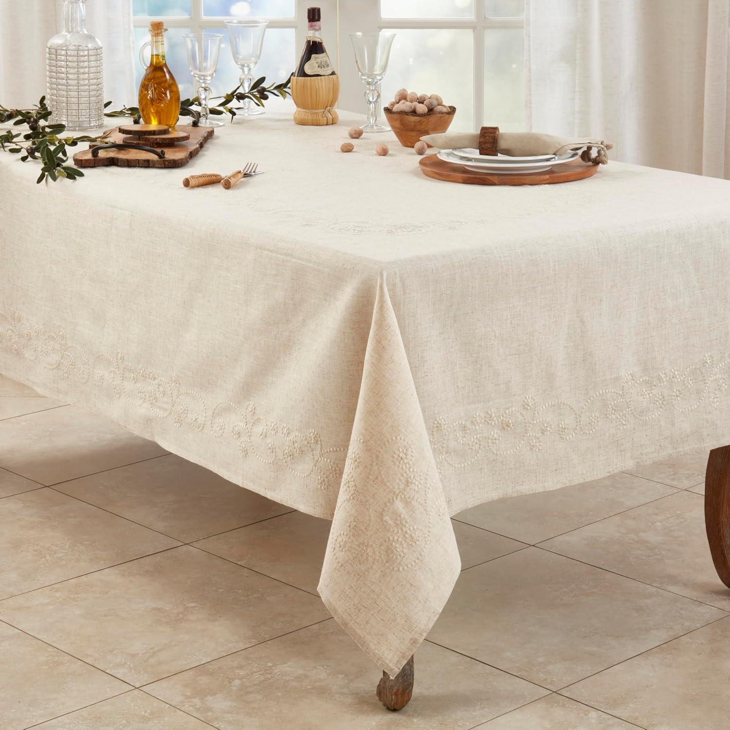 Embroidered Swirl Design Simple Natural Linen Blend Tablecloth - Saro Lifestyle