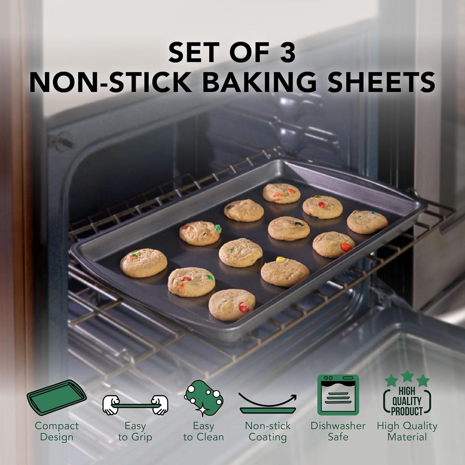 Nifty Solutions Set of 3 Non-Stick Cookie and Baking Sheets – Small, Medium and Large Pans, Non-Stick Coated Steel