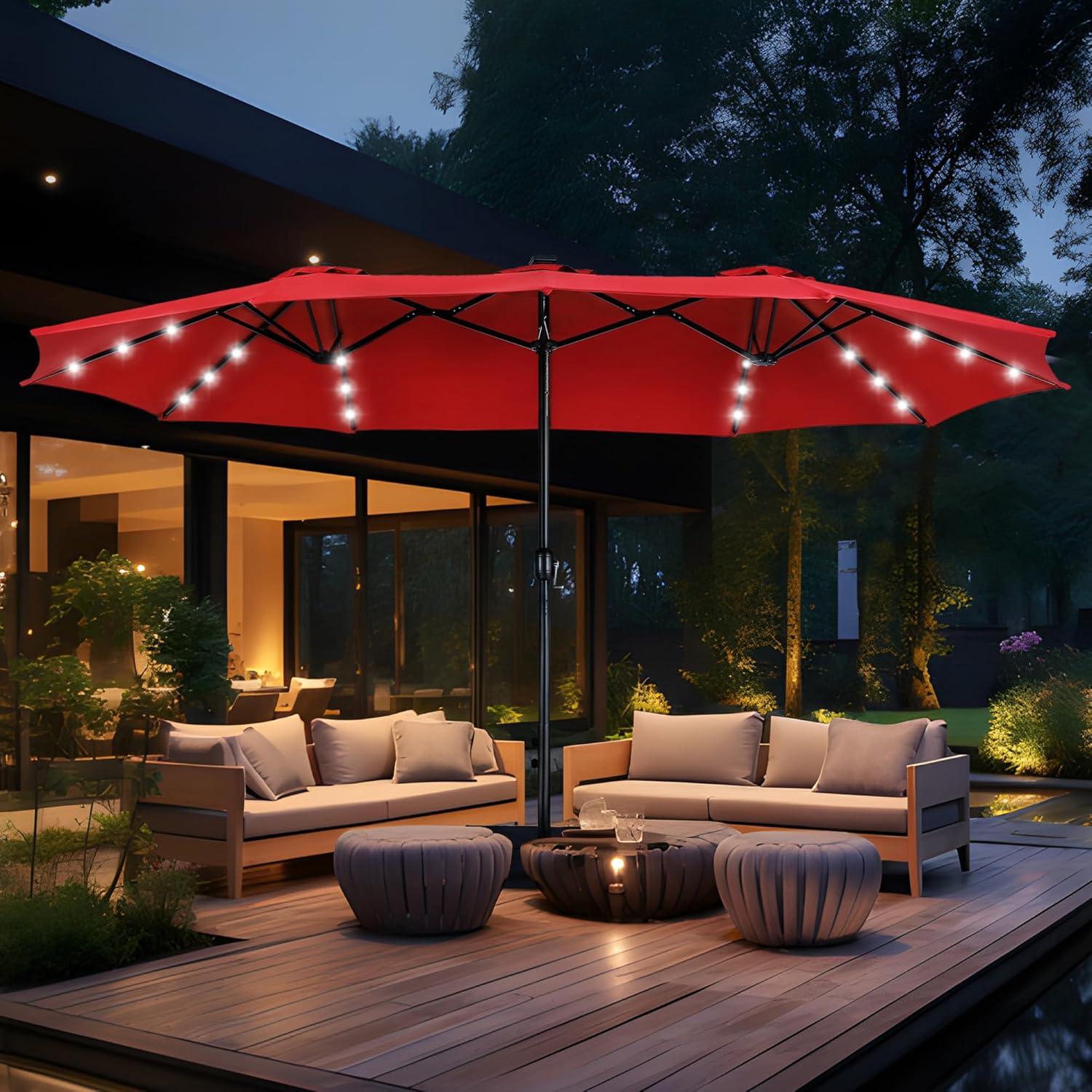 Red 15ft Double-Sided Solar Patio Umbrella with LED Lights and Base