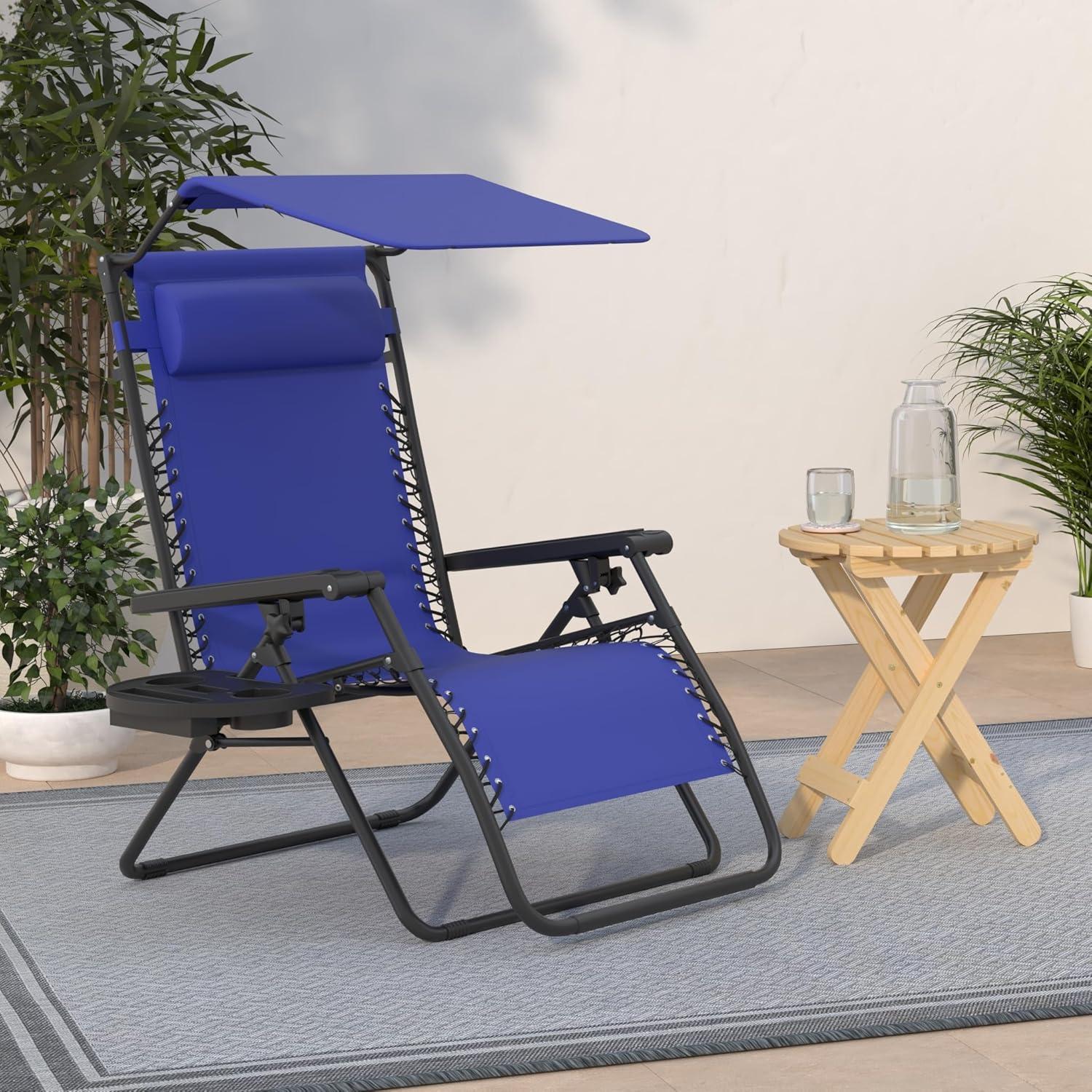 Best Choice Products Folding Zero Gravity Recliner Patio Lounge Chair w/ Canopy Shade, Headrest, Tray - Cobalt Blue