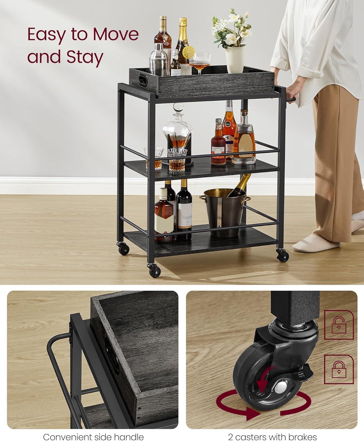 VASAGLE 3-Tier Bar Cart, Home Serving Cart with Removable Tray and Storage Shelves, Gray and Black