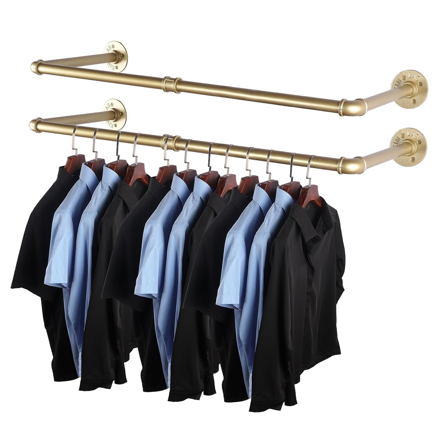 AddGrace 2 Pack Industrial Pipe Clothes Rack Gold Wall Mounted Clothing Rack for Hanging Clothes 34.5 Inch Multi-Purpose Garment Bar for Wardrobe and Laundry Room