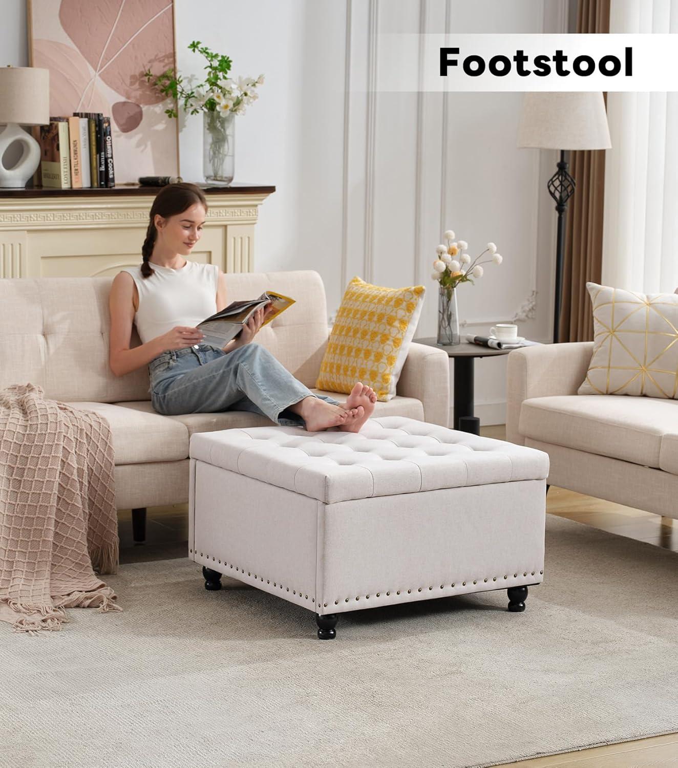 Tbfit Large Square Storage Ottoman Bench, Botton Tufted Upholstered Coffee Table with Wooden Legs, Oversized Storage Ottomans Toy Box Footrest for Living Room, Apartment, Beige