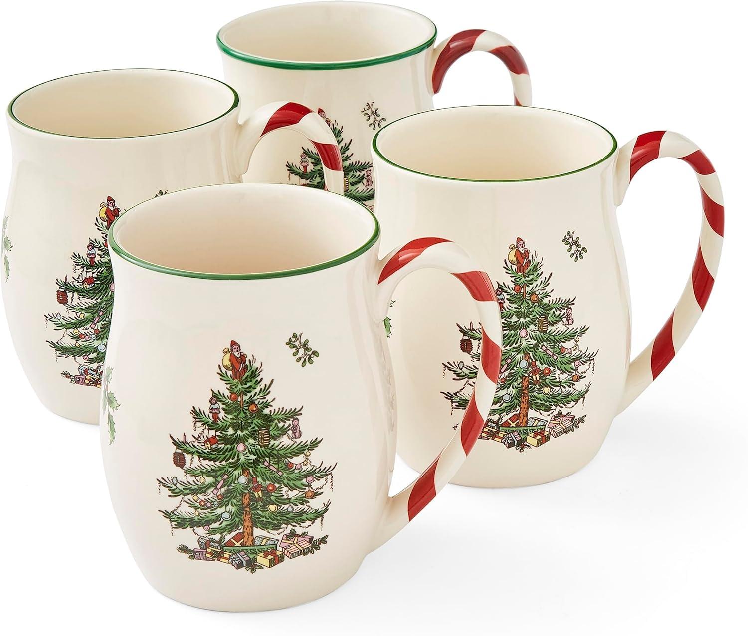 Christmas Tree Ceramic Mugs with Peppermint Handles, Set of 4