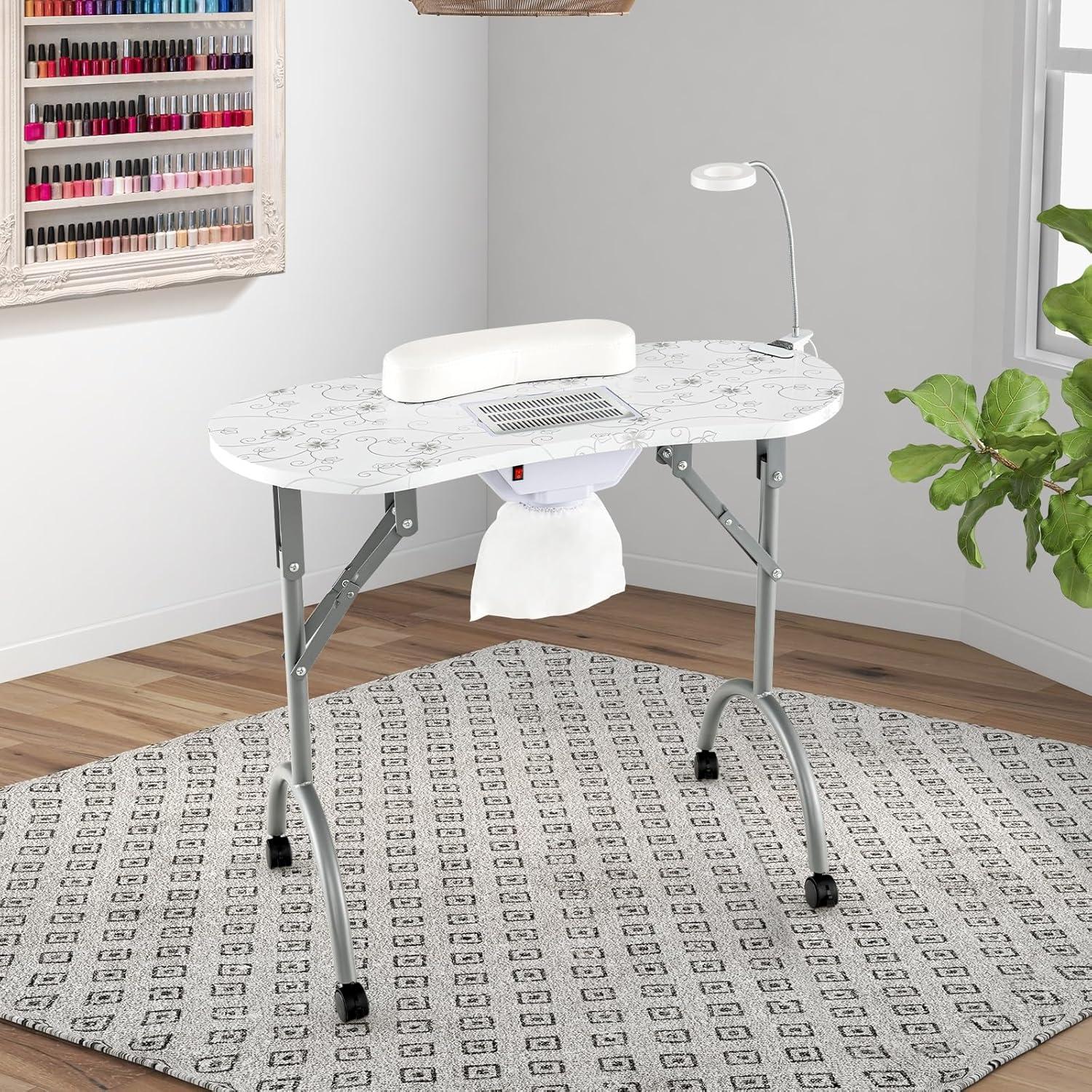 White Foldable Manicure Table with LED Lamp and Dust Collector