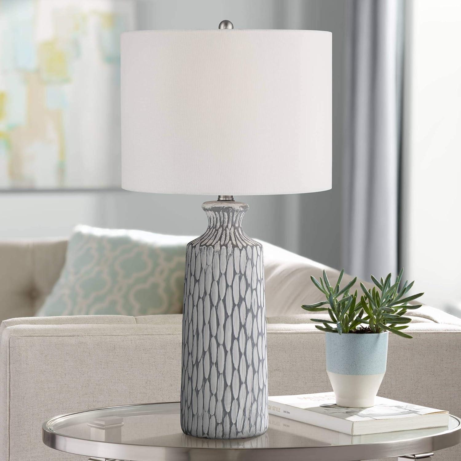 Whitewash Gray Ceramic Geometric Table Lamp with Drum Shade