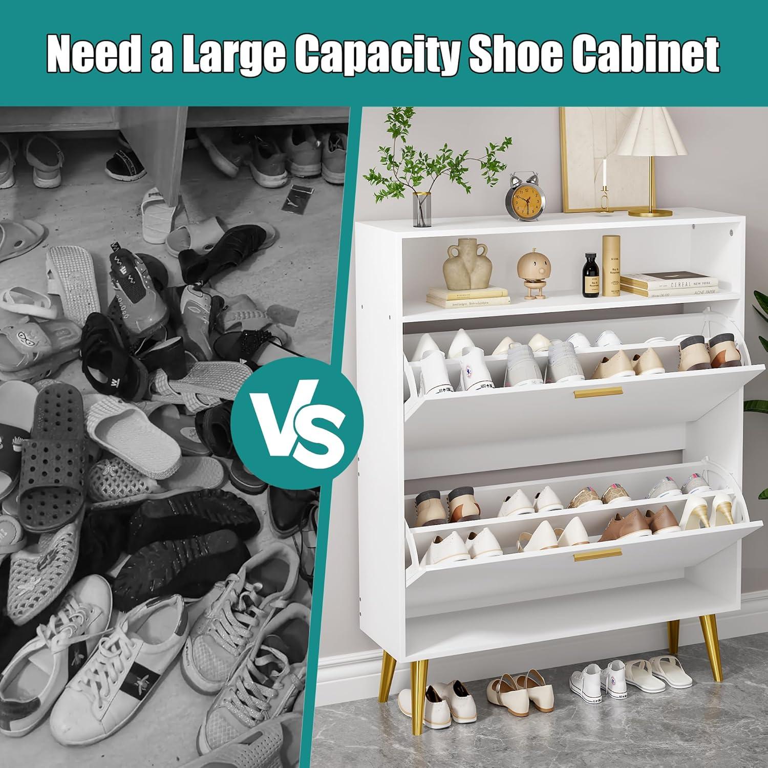 Shoe Cabinet Storage for Entryway  Freestanding Slim Shoe Organizer Cabinet with 2 Flip Drawers  Narrow Shoe Rack with Open Shelves for Hallway  Living Room  White