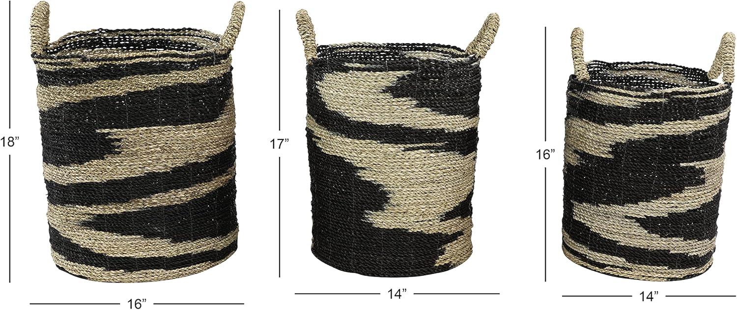 Deco 79 Seagrass Handmade Two Toned Storage Basket with Handles, Set of 3 18", 17", 16"H, Black