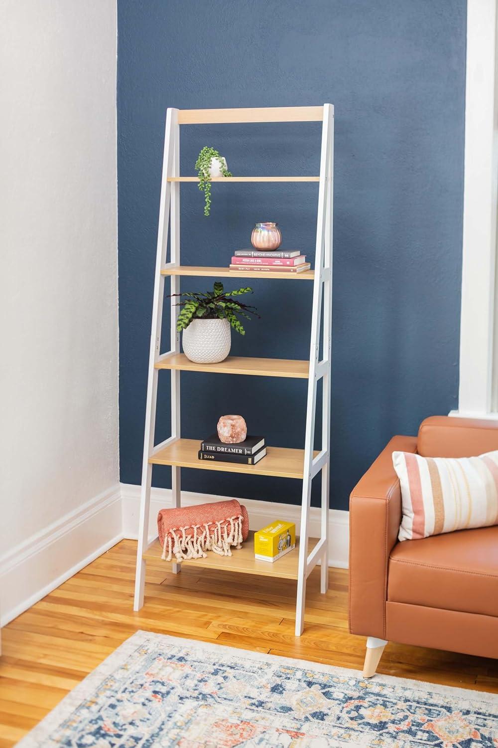 White Adjustable Five-Tier Wood Ladder Shelf