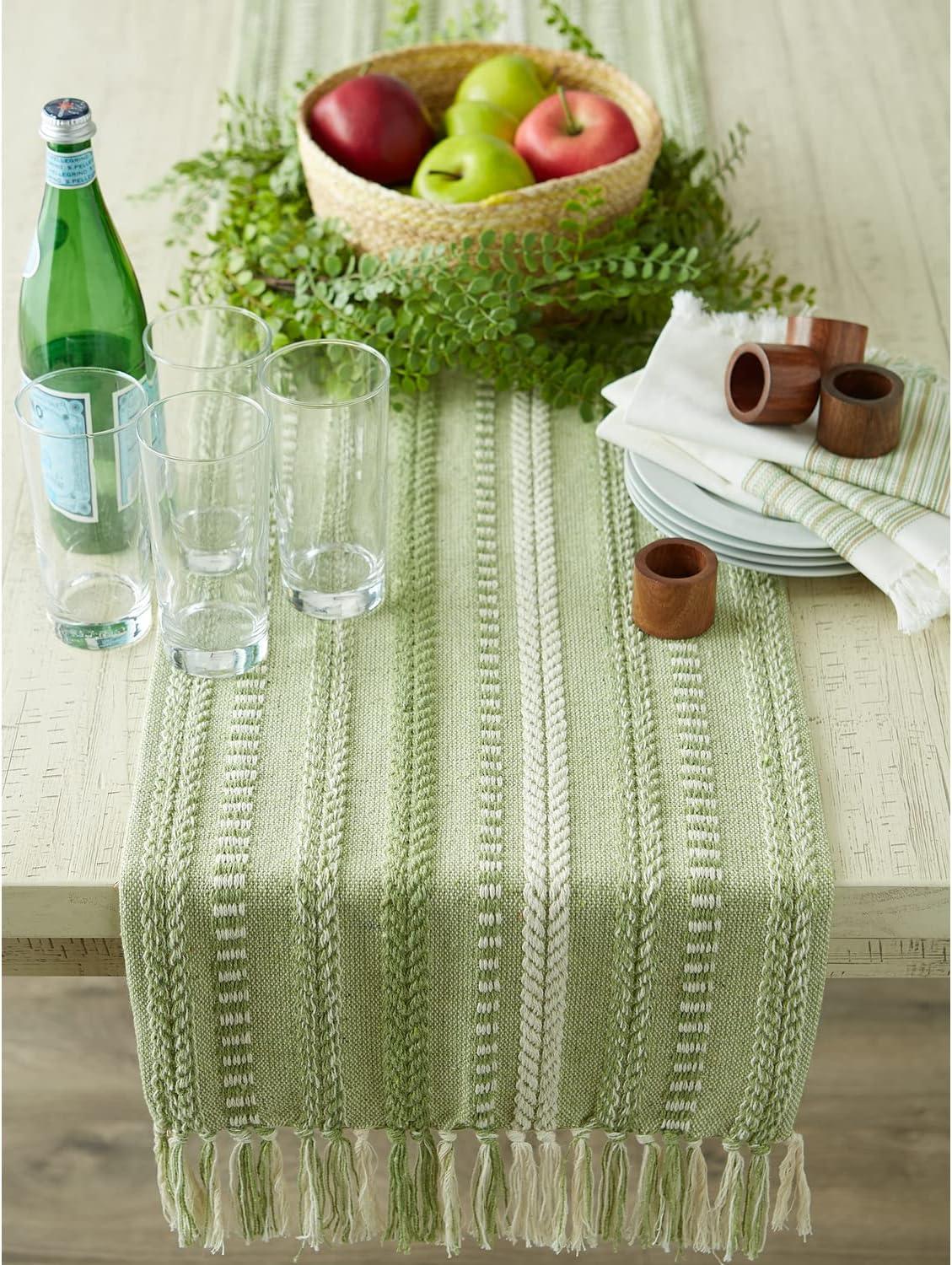 DII 15x108" Modern Cotton Braided Stripe Table Runner in Green/White