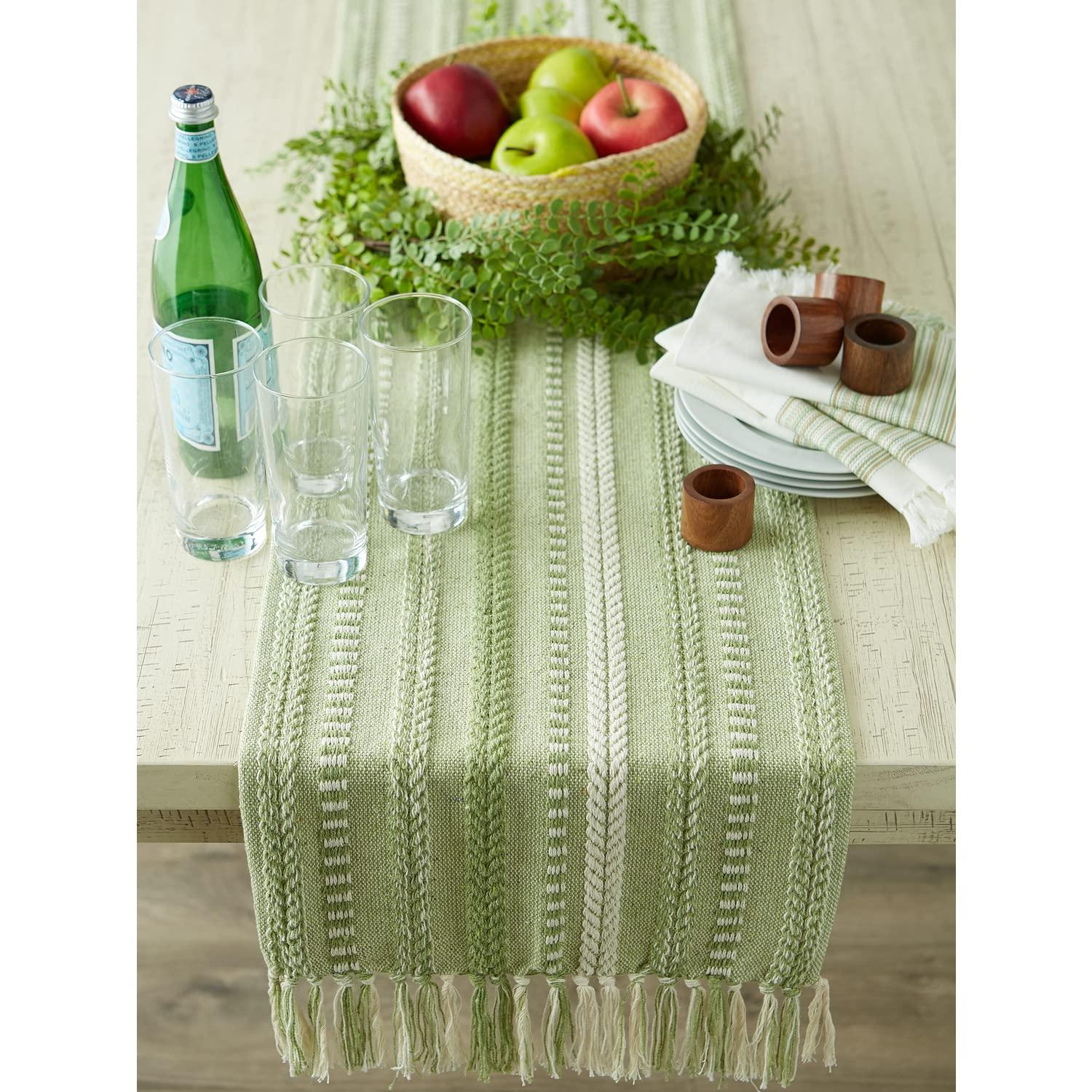 Design Imports  Braided Stripe Jacquard Fringe Table Runner, 15X108", Antique Green