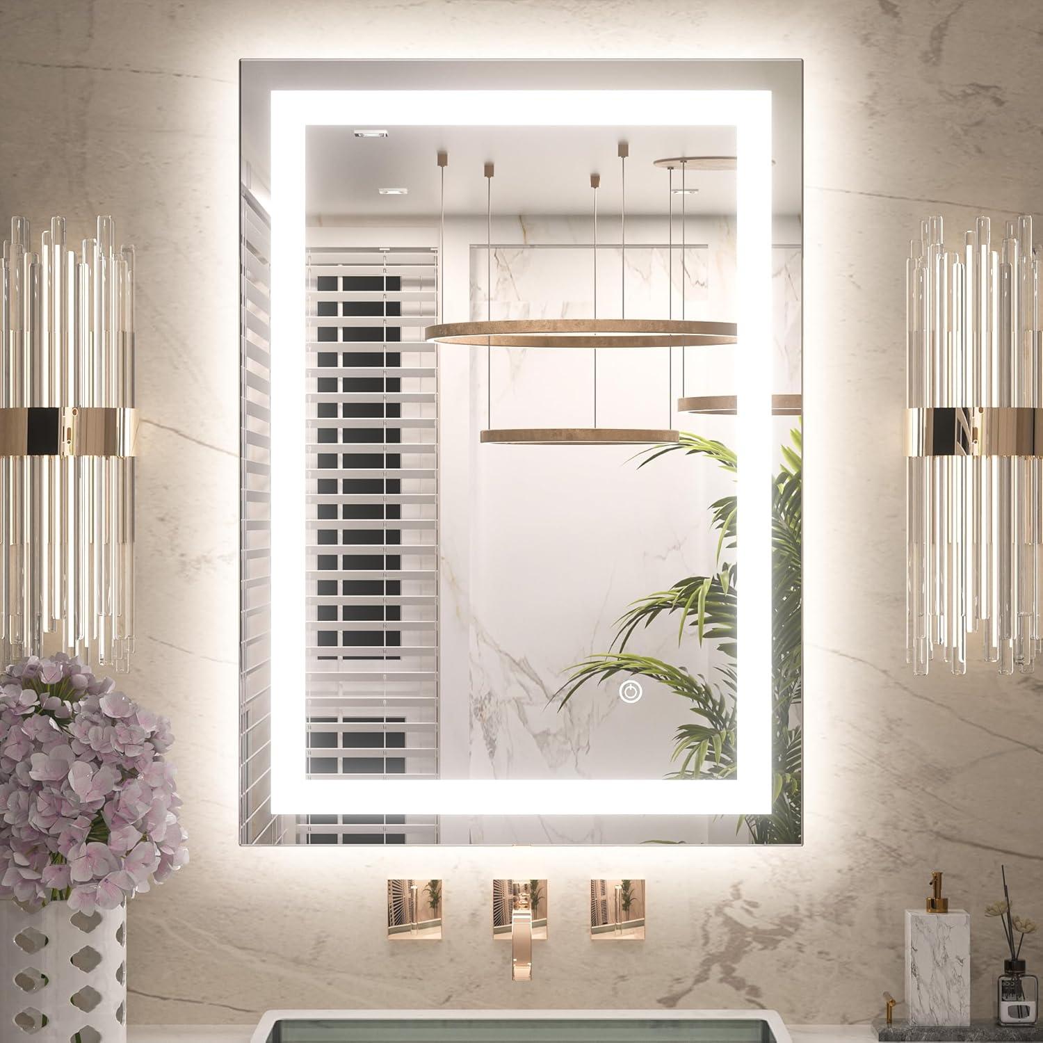 Keonjinn LED Bathroom Mirror 60 ” x 36 ” with Frontlit & Backlit, Lighted Mirror with Stepless Dimmable 3-Color Lights, Bathroom Vanity Mirror with HD Tempered Glass, UL-Listed LED Driver, CRI90+