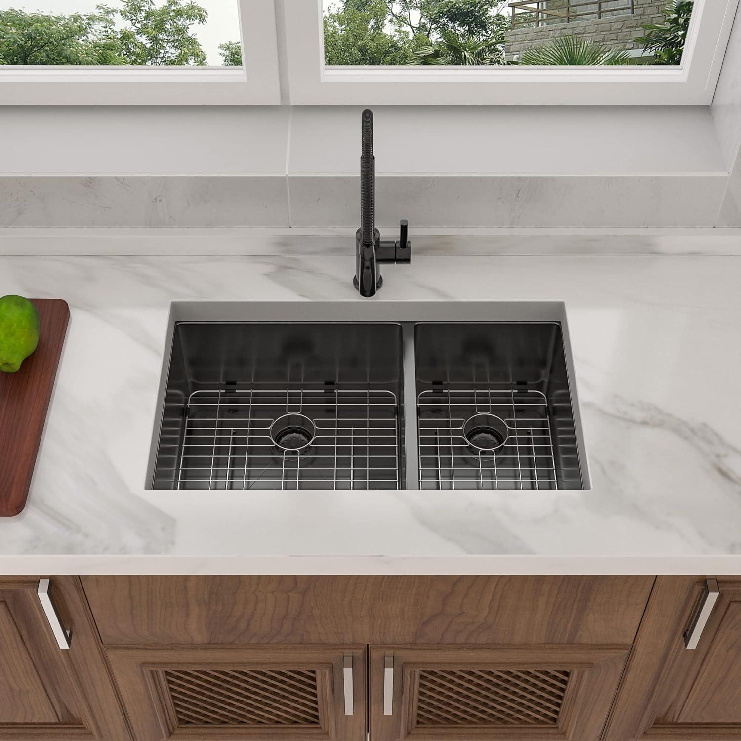 Double Bowl (60/40) Undermount Sink, 33"x19" Gunmetal Black Double Bowl Kitchen Sink 16 Gauge with Two 10" Deep Basin, X Grooves Engineered for Easy Draining