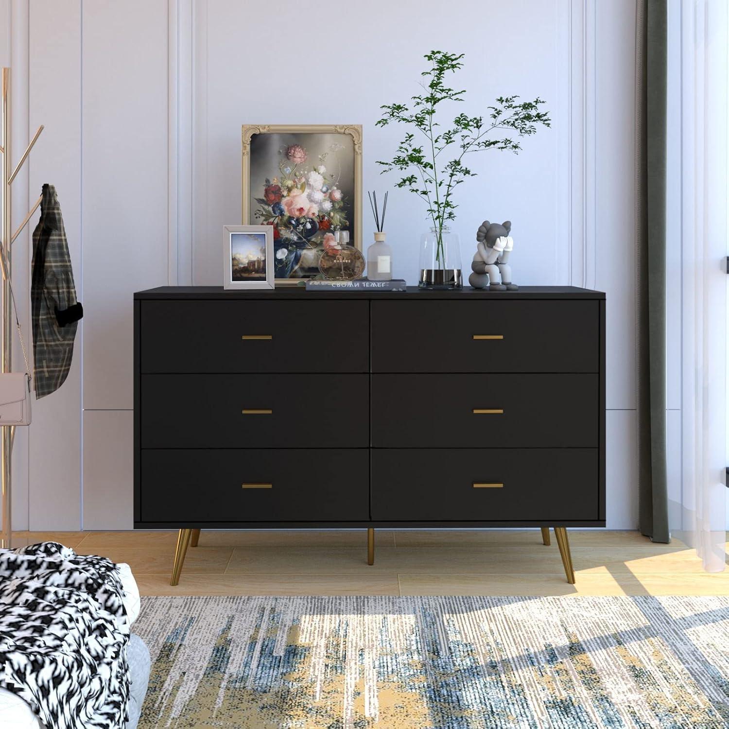 Black Modern 6-Drawer Dresser with Gold Handles