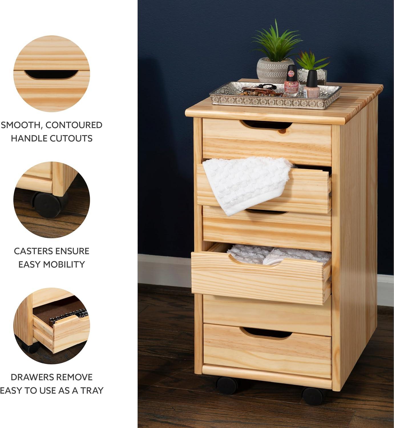 Natural Pine Six Drawer Rolling Storage Cart