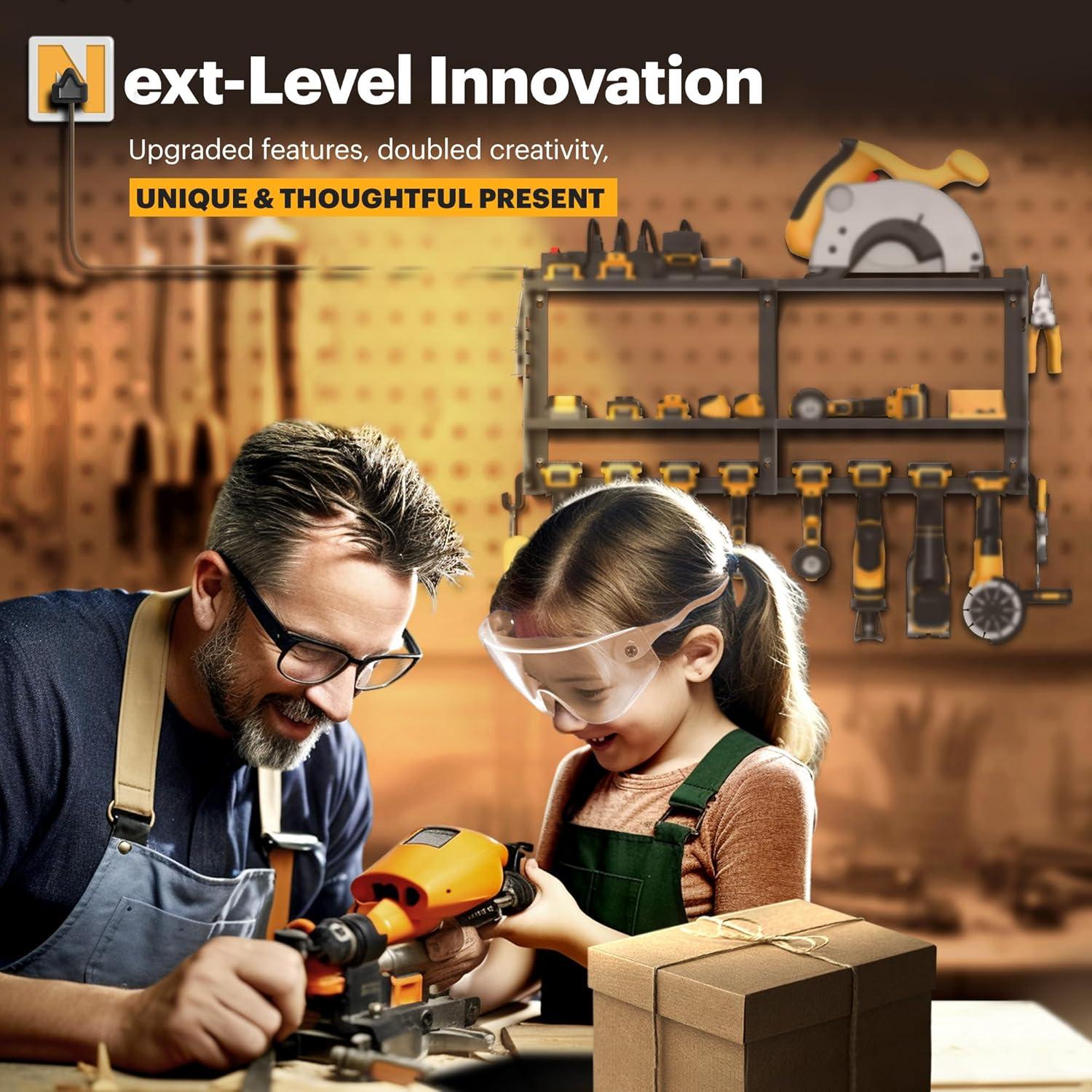 Spampur Power Tool Organizer Wall Mount with Charging Station, Garage Tool Shelf 6 Drill Holders, Tool Battery Holder with Plier holder Heavy Duty Rack, Tool Storage Rack with 4 Outlet Power Strip