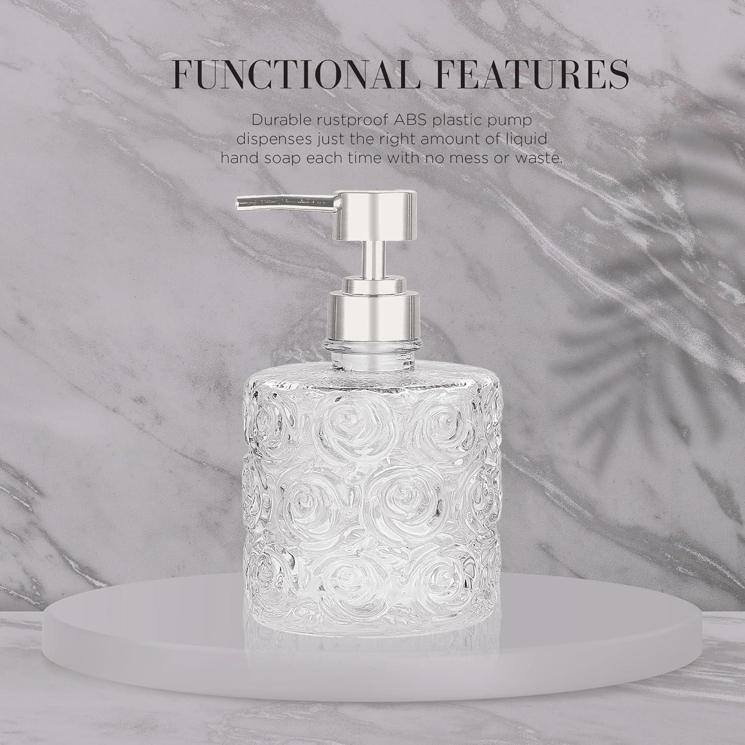 Marcella Glass Soap Dispenser with Soap Pump, Refillable 14 Ounce Capacity, Floral Design Rose Patterns, Heavy Weight Thick Glass for Bathroom, Premium Kitchen Soap Dispenser Peach Blush