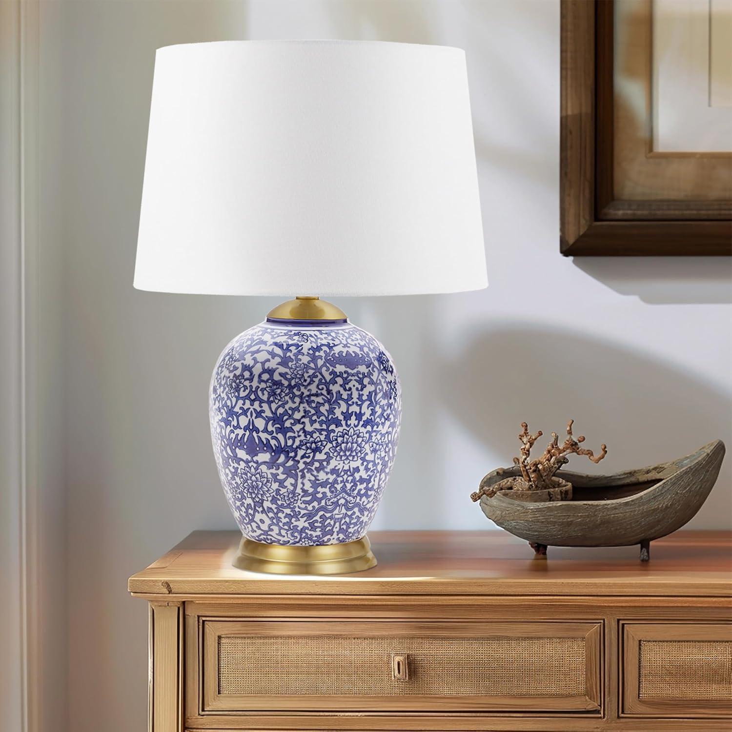 Mystique Blue Ceramic Ginger Jar Table Lamp with Gold Accents