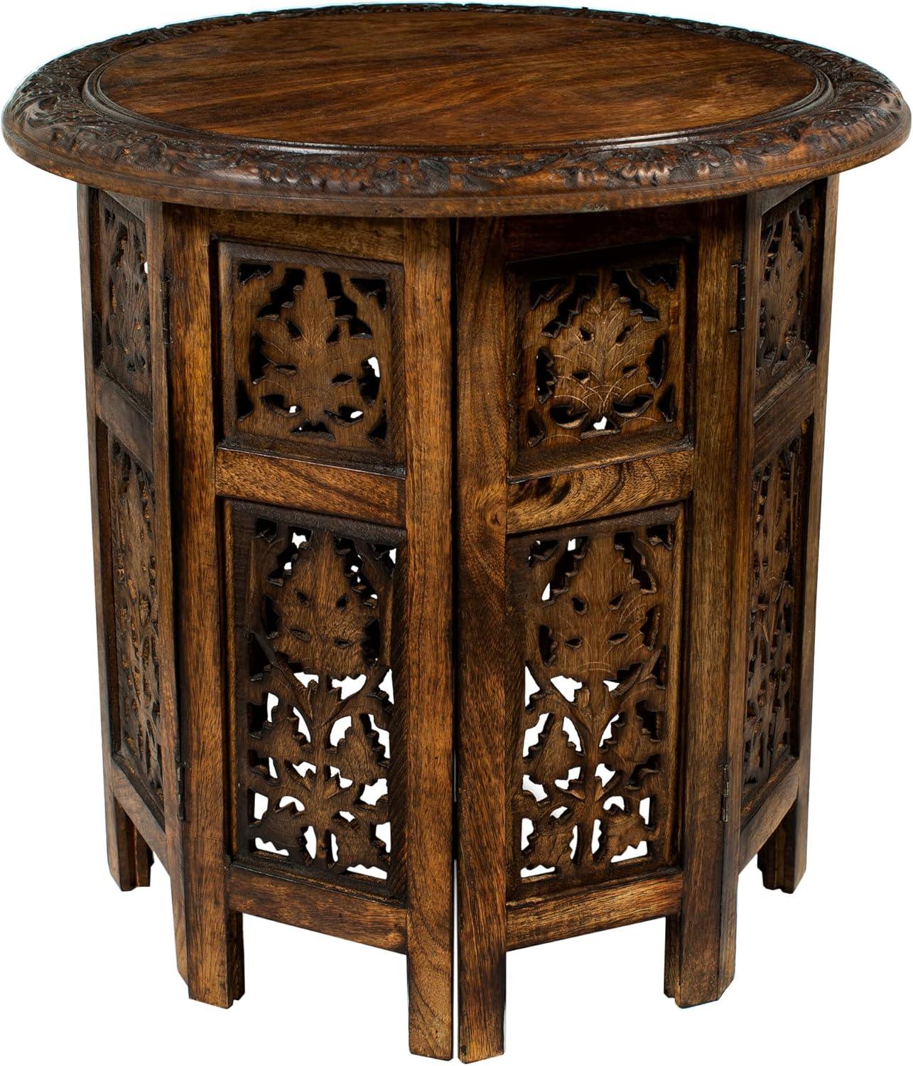 Hand-Carved Antique Brown Mango Wood Round Accent Table