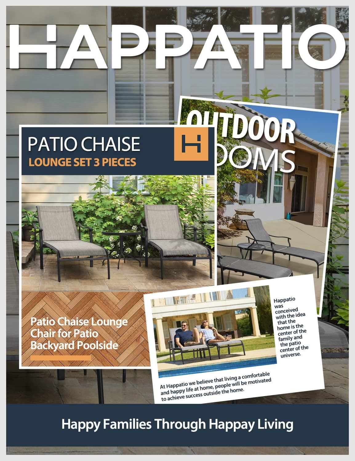 HAPPATIO Patio Chaise Lounge Set 3 Pieces,Patio Lounge Chair with Glass Coffee Table,Pool Lounge Chair with Breathable Textilene Fabric,Patio Chaise Lounge for Patio Backyard Poolside(Gray)