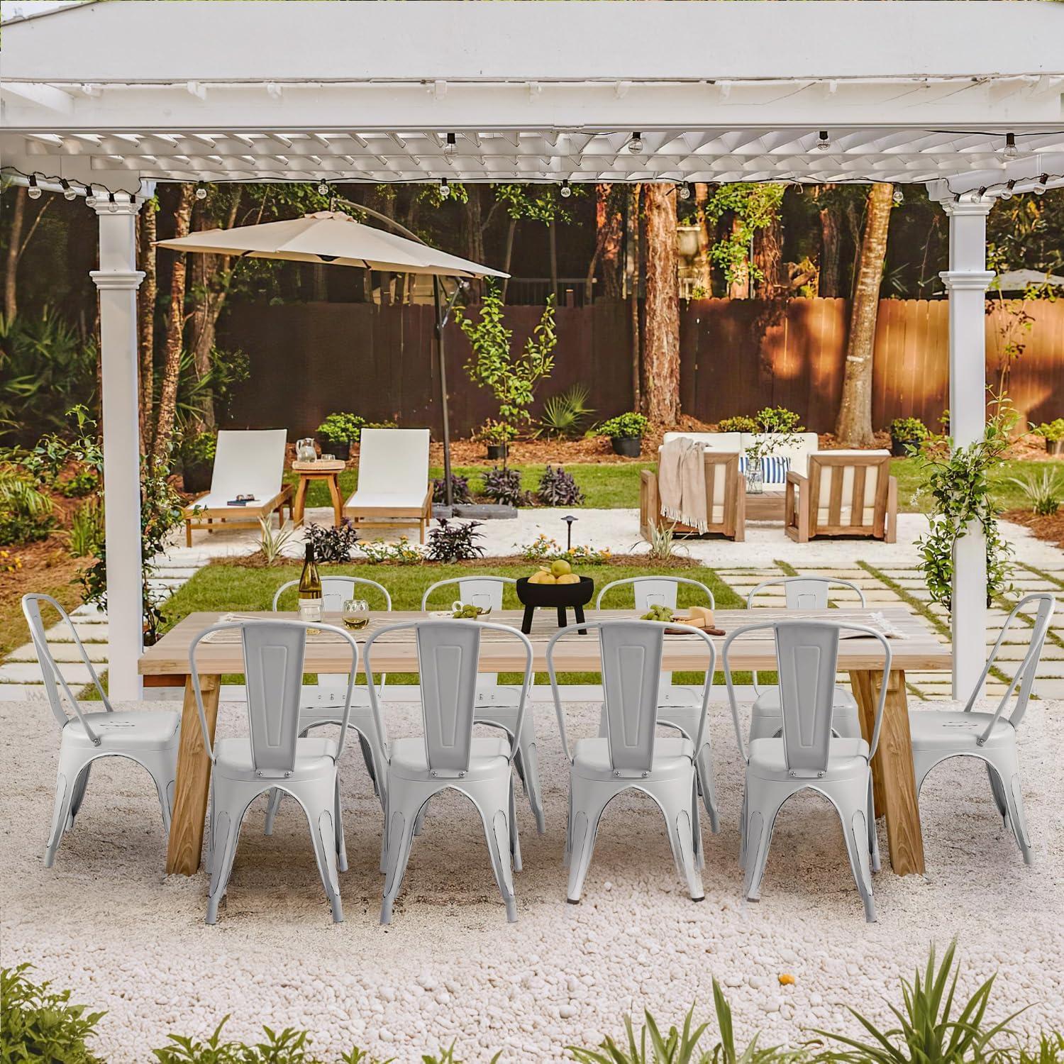 Distressed White Metal Stackable Dining Chairs Set of 4