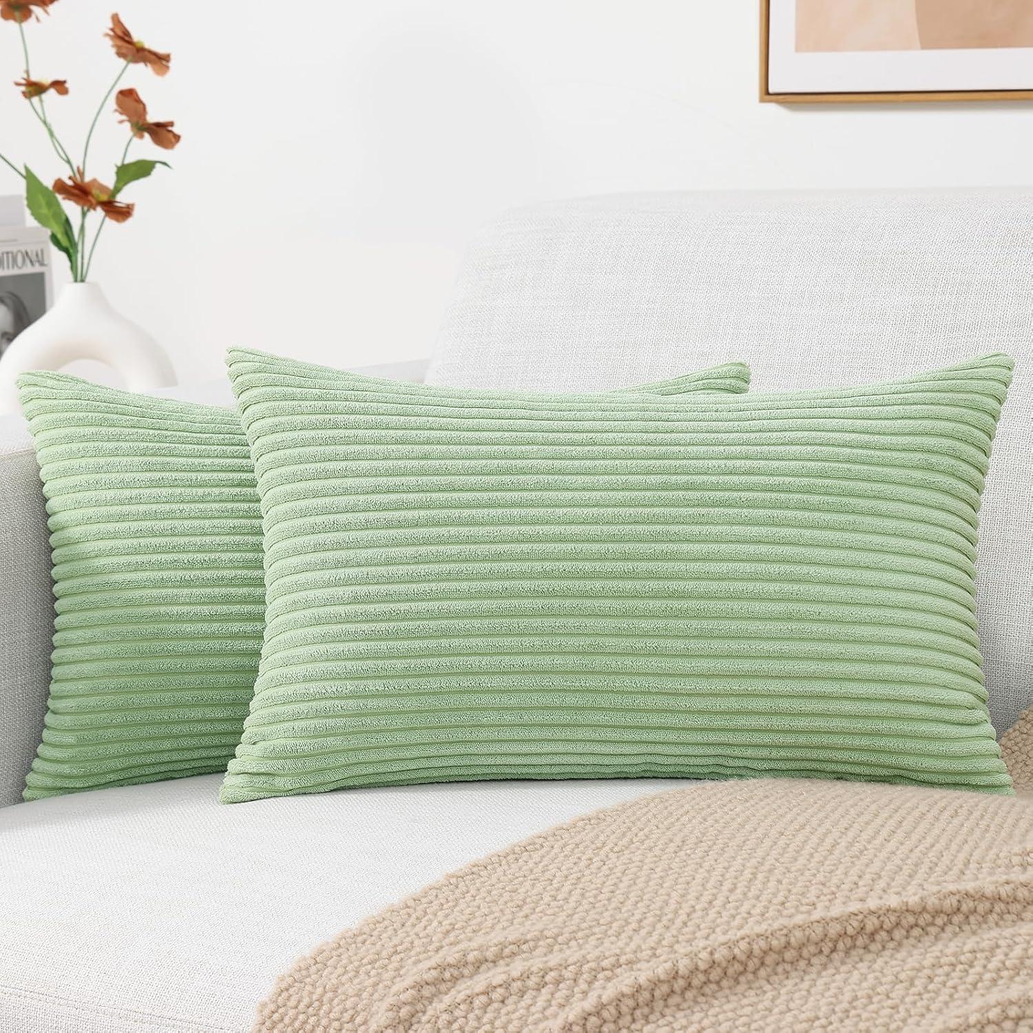 Green Corduroy Striped Polyester Throw Pillow Set, 12" x 20"